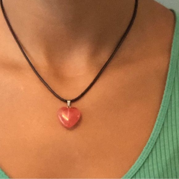 Heart Shaped Necklace in Natural Stone Peach Color  with Black Cord - Picture 4 of 7